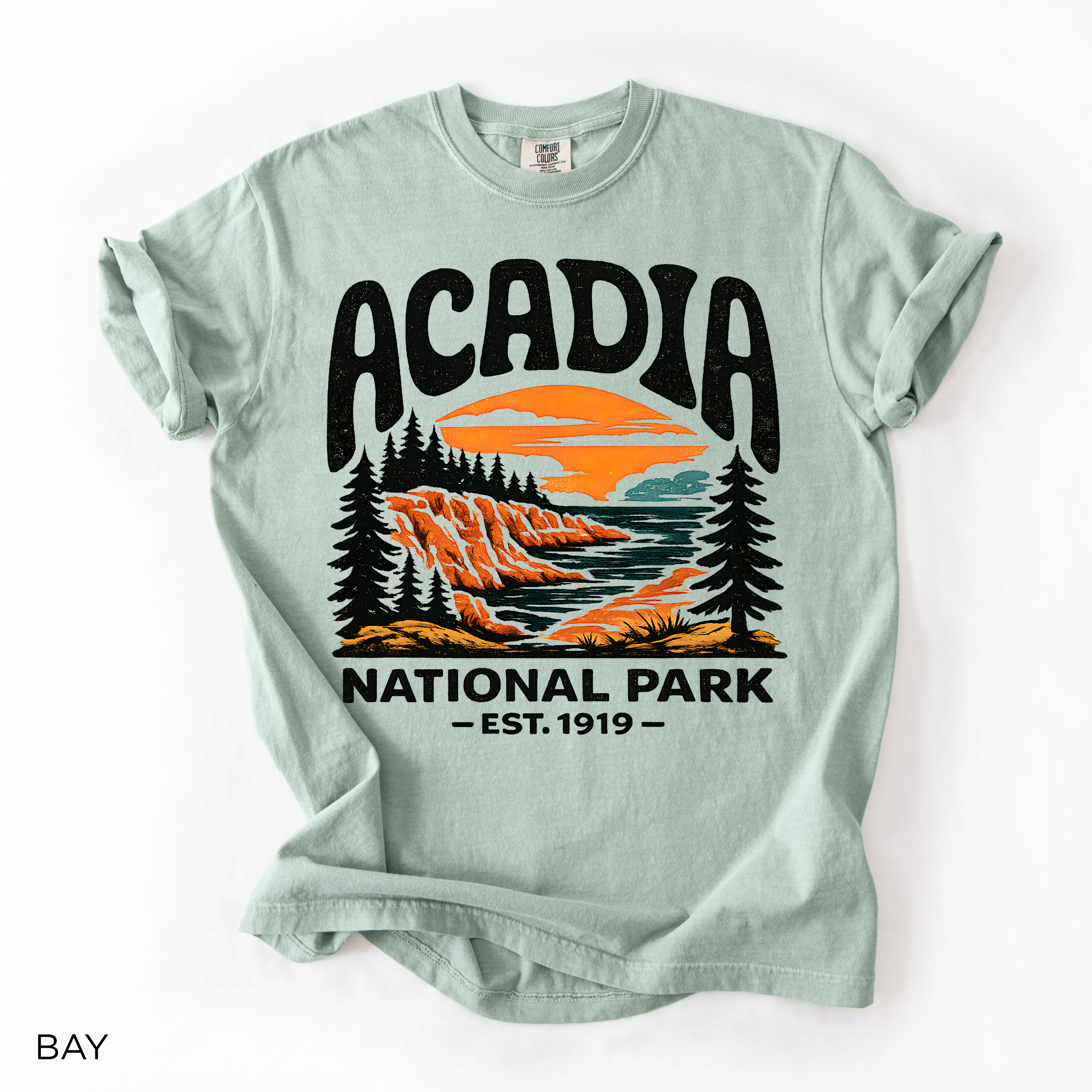 Acadia National Park T-Shirt - Comfort Colors garment-dyed unisex tee, scenic coastal sunset graphic