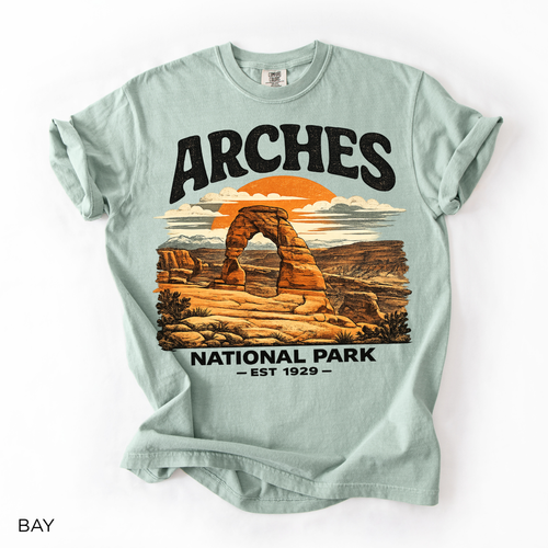 Arches National Park T-Shirt - Comfort Colors garment-dyed unisex tee, vintage sunset desert arch graphic