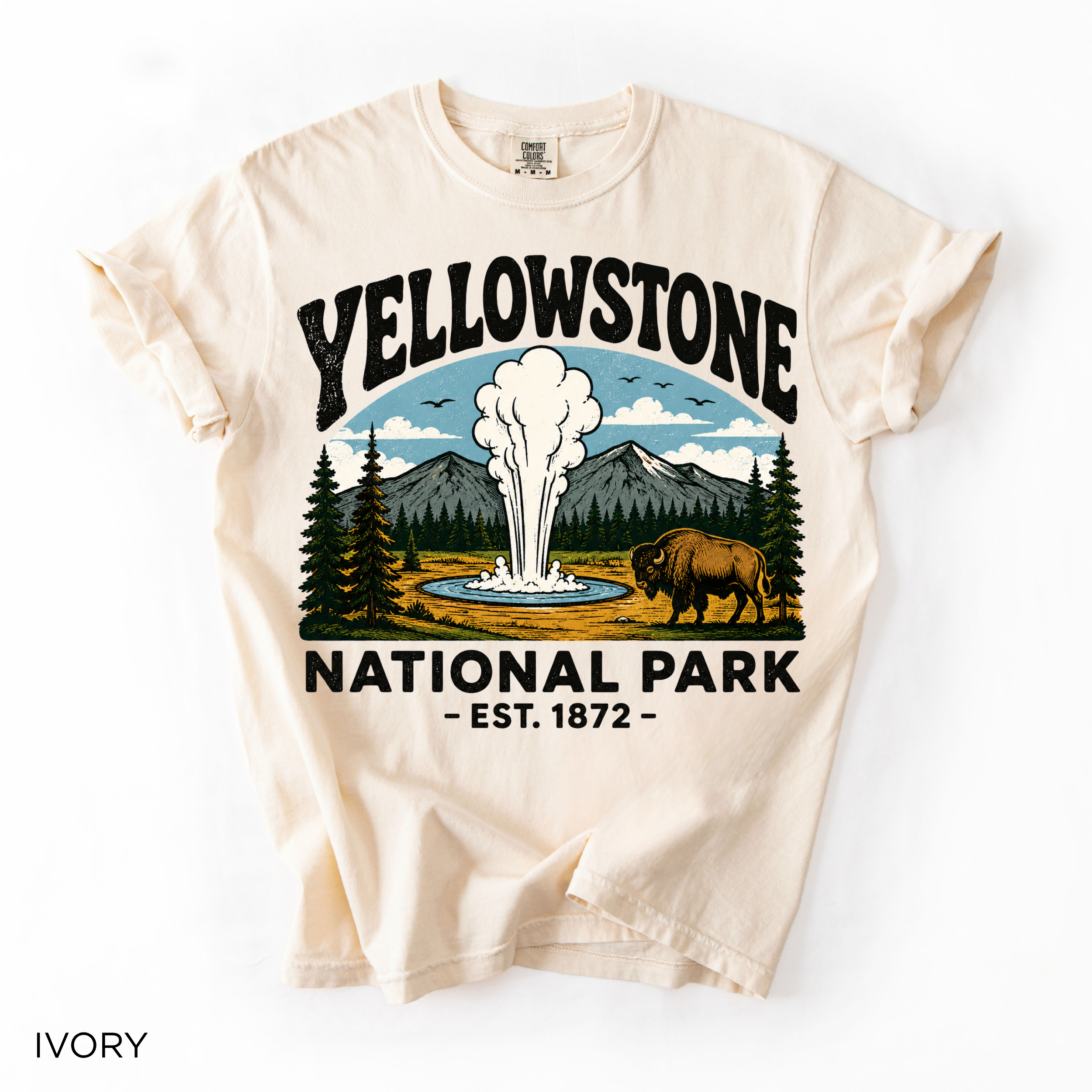 Yellowstone National Park T-Shirt - Comfort Colors garment-dyed unisex tee, Old Faithful and bison park graphic
